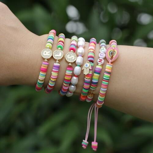 New Boho CZ Paved Initial 26 Alphabet Letter Name Rainbow Candy Color Polymer Clay Elastic Charm Bracelet For Women Girl Jewelry