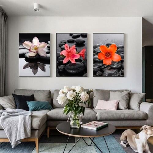 Flowers on Black Background Canvas Painting Poster Orchid Flower Zen Stones Wall Art Print on Canvas Modern Art Wall Decoration