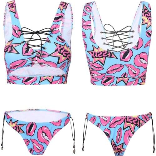IEFiEL Womens Femme Beachwear Two-Piece Lace-Up Lips Printed Bikini Swimsuit Summer Swimwear Padded Bra Tank Top with Briefs