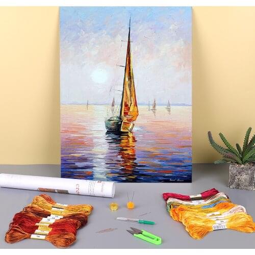 Oil Painting Style Gold Sail Printed Canvas 11CT Cross Stitch Full Kit Embroidery DMC Threads Painting Knitting Design