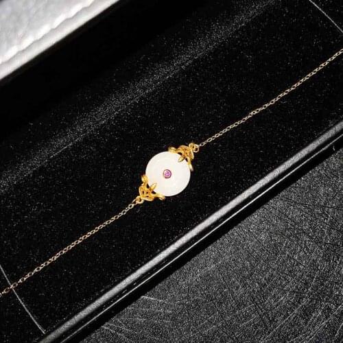 KOFSAC Vintage Luxury Chinese Style Gold Color Bracelets Women Jewelry Exquisite Crystal White Round Button 925 Silver Bangle