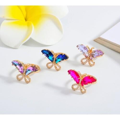 Korean Cute Butterfly Ring Fashion Sweet Colorful Shiny Crystal Butterfly Womens Animal Adjustable Ring Girl Party Jewelry Gift
