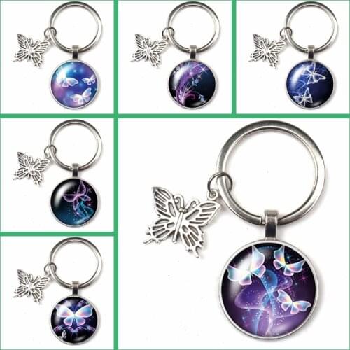Creative Butterfly Keychain Love Gift Birthday Key Ring Glass Round Pendant Men Women Supplies Cute Keychain Holiday Souvenir