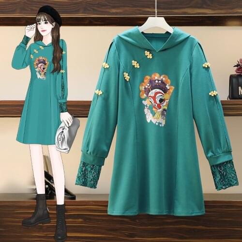 Lace Patchwork Long Sleeve Hooded Sweatshirt Improved Cheongsam Women Autumn Retro Buckle Chinese Style Loose Vintage Mini Dress