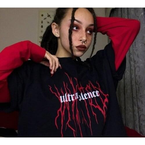 Kuakuayu HJN Summer Gothic Tees Fashion Top Ultraoiolence Letter Explosive Crack Printed T Shirt Short Sleeve Street Style Tee