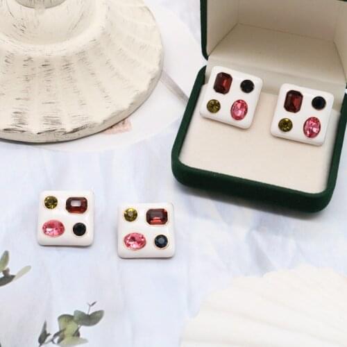 Square Trendy Earrings White Enamel Colourful Glass Stone Retro Accessories Gift For Mujer Party