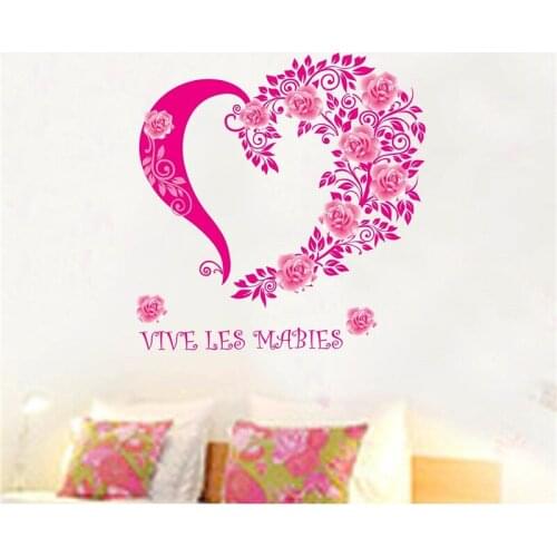 Pink Flower Vines Wall Stickers For Bedroom Decoration Vive Les Maries Quotes Wedding Wall Mural Art Diy Home Decals Pvc Posters