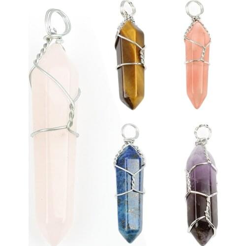 2pcs / bag natural gems hand-wound hexagonal column semi-precious bullet head mens necklace pendant woman jewelry new year gift