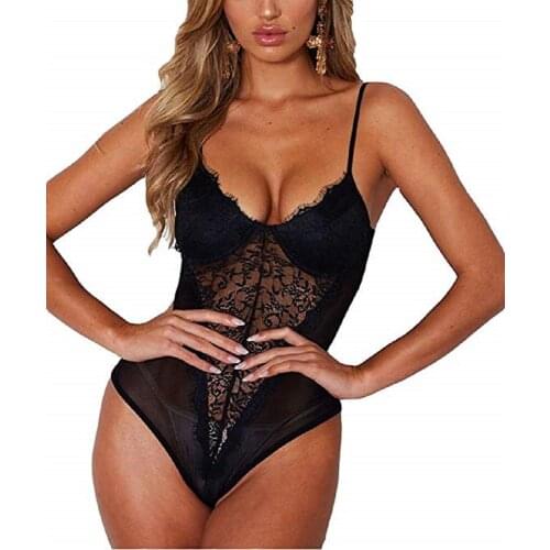 Newest Trendy Women Sexy Lace Sleeveless Spaghetti Strap Bodysuit See-through G-String Babydoll V-neck Underwear Nightwear
