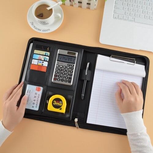 PU leather zippered filing folder Padfolio multifunction briefcase Notebook writing pad B5 18K file folder with calculator 1299
