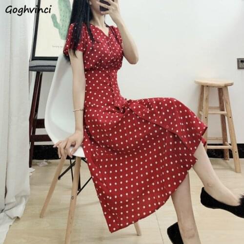 Short Sleeve Dress Women V-neck Polka-dot Chiffon Elegant Chic Single-breasted Chic Slender Sexy High-waist Korean Retro Grils