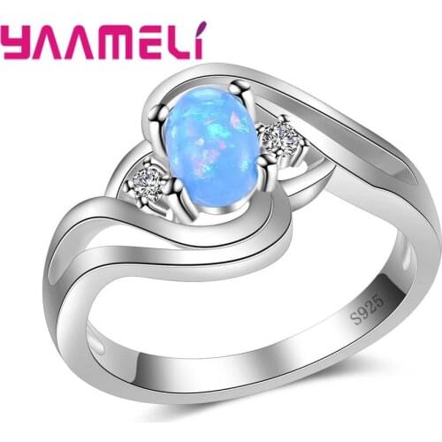 Luxury Large Blue Opal Finger Rings 925 Silver Fashion Jewelry Ethnic Crystal Elegant Rhinestone Midi Finger Ring