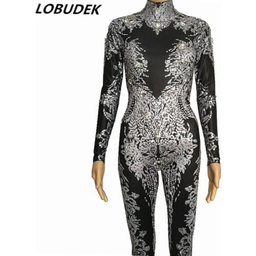 Sexy Jumpsuits gold black Crystals Outfit Female costumes performance DJ DS show Singer Dance Nightclub stage bar slim star