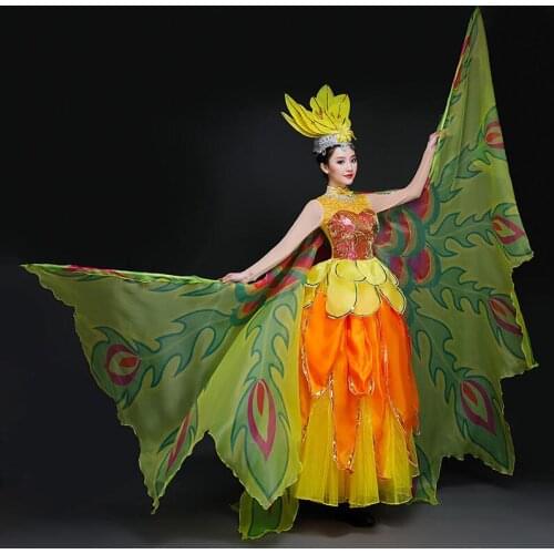 New Opening Dance female Dress Chinese new design Costume stage group performance costume with headwear and wing unique
