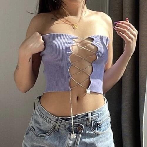 2021 Fashion Sexy Hollow Out Bandage Tube Top Women Sleeveless Solid Slim Fit Tank Top Holiday Summer Casual Strapless Camis Top