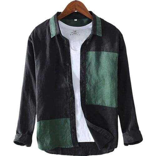 Patchwork Long Sleeve Shirt for Men Black 100% Linen Casual Turn-down Collar Tops Summer Japanese Fashion Retro Clothes