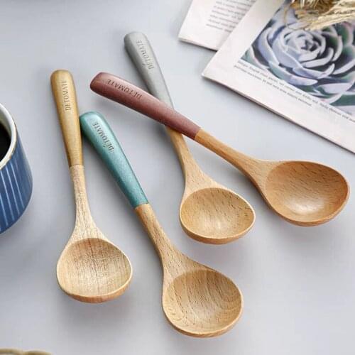 Japanese Beech Wooden Ramen Soup For Children With Rice With Pearl Lacquered Light Long Handle Wooden Spoon Cucharas Utensilios