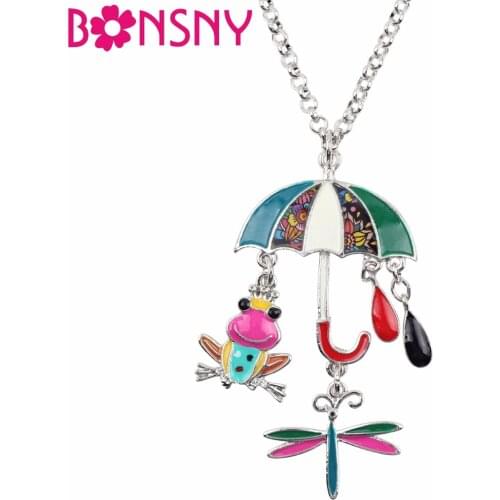 Bonsny Statement Chain Enamel Raining Umbrella Frog Dragonfly raindrop Necklace Pendant Novelty Jewelry For Women Gift