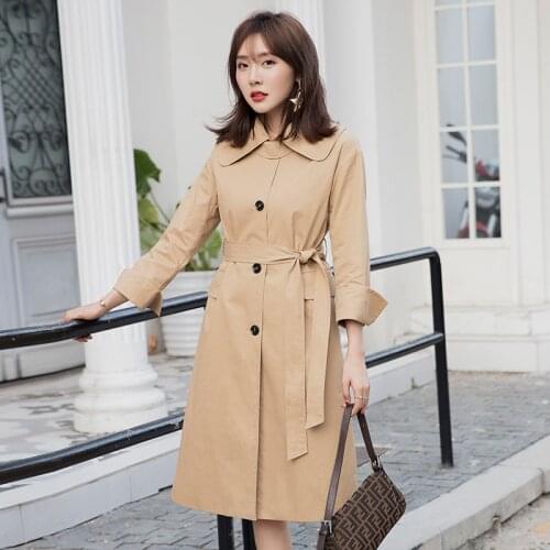 YIGELILA Autumn New Arrivals Khaki Coats Single Breasted Full Sleeves With Belt Coats Office Lady Turn Down Collar Coats 9984