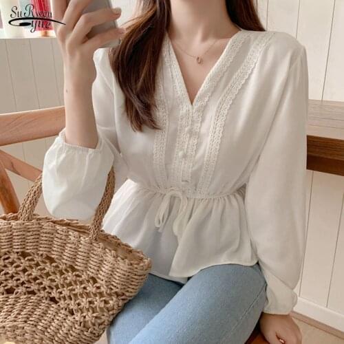 White Blouse Sashes Casual Woman Clothes 2020 Autumn New Lace Long Sleeve Shirt V-Neck Women Blouses Shirts Chemisier Femme 6878