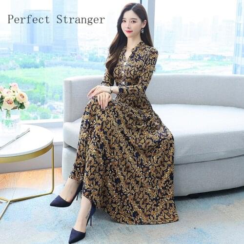 2021 Autumn Winter New Arrival High Quality Retro V Collar Long Sleeve Flower Printed Collect Waist Women Long Dress