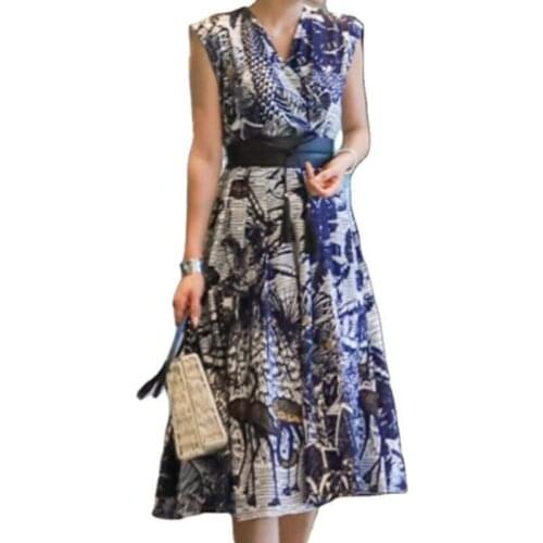 XUXI Women Dress Summer 2021 Korean V-neck Sexy Long Skirt Retro Fashion Belt Draw Back Printing Dresses Over The Knee E744