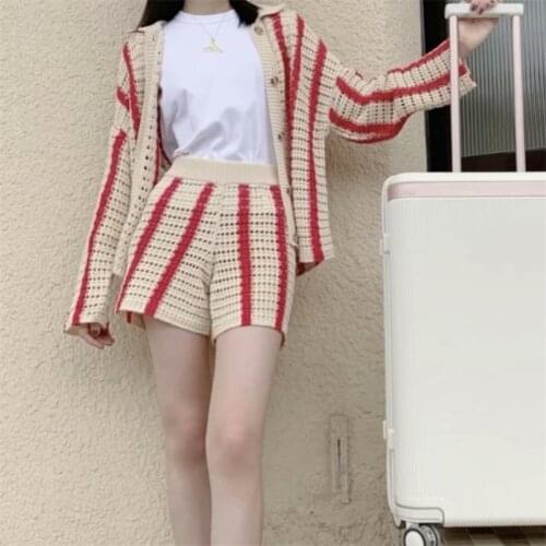 ZXQJ Women 2021 Fashion Single-breasted Hollow Out Striped Knitted Cardigan Jacket Vintage Long Sleeve Female Chic Tops