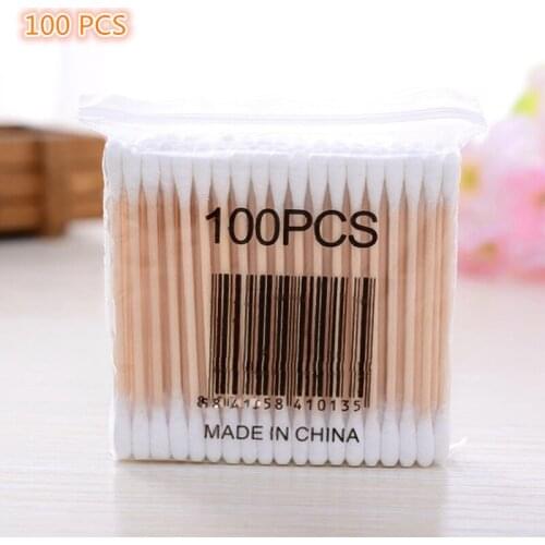 100PCS Natural Soft bag Disposable Wood Stick 2 Heads Cotton Swabs Women Makeup for Outdoor Emergency Care Tool Wounds Clean