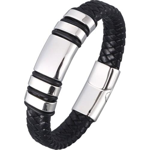 2021 Trendy Men Bracelet Stainless Steel Charm Magnetic Black Leather Genuine Braided Bangles Jewelry Wrist Band Gift BB0986