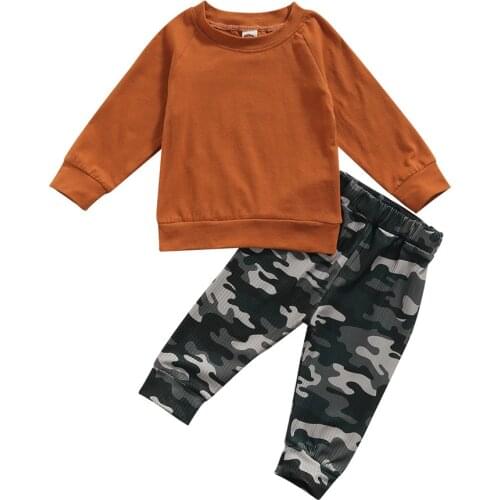 2021 0-3Y Autumn Kids Baby Boy Clothes Set Solid Color O Neck Long Sleeve Sweatshirt+Camouflage Print Pants Casual 2pcs Outfits