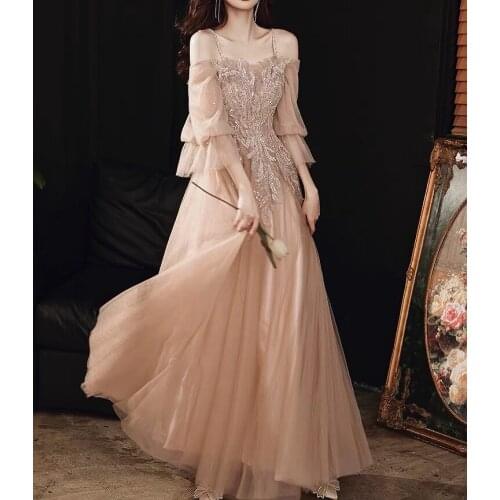 2021 Champagne Bridesmaid Dresses Spaghetti Strap Sexy Off-the Shoulder 3/4 Sleeve Applique Beading Formal Prom Party Gowns New