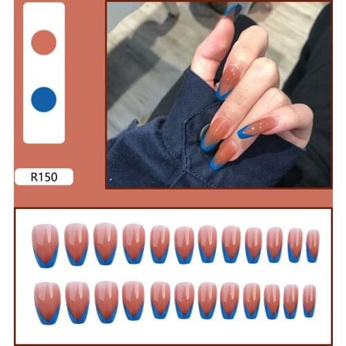 Milk tea Color French Nail Mixed Blue V Shape Fake Nails UV Gel Polish Coffin Nails with Adhesive Tabs 24 PCS