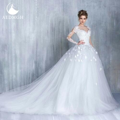 Aedmgh Ball Gown Princess Wedding Dresses 2021 Sweetheart Long Sleeve Bride Dress Appliques 3D Flowers Backless Robe De Mariee