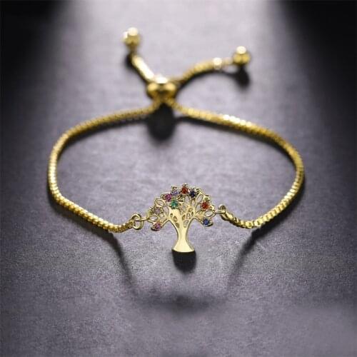 Juya 2020 New Pulseira Mujer Moda Clear Colorful Crystal Gold/Rose Gold Tree of Life Charm Bracelet Bangle For Women Men