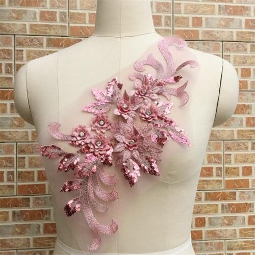 1 Piece 19*39.5cm Champagne Pink Red Lace Applique 3D Flower Embroiderey Pearl Beaded Lace Applique Lace Trim For Dress Cloth