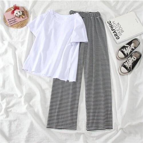 Summer Pajamas Two Pieces Home Suit for Womens Long Pant Female Solid Color Casual Cotton Homewear Sleepwear Sets Outfit#010028