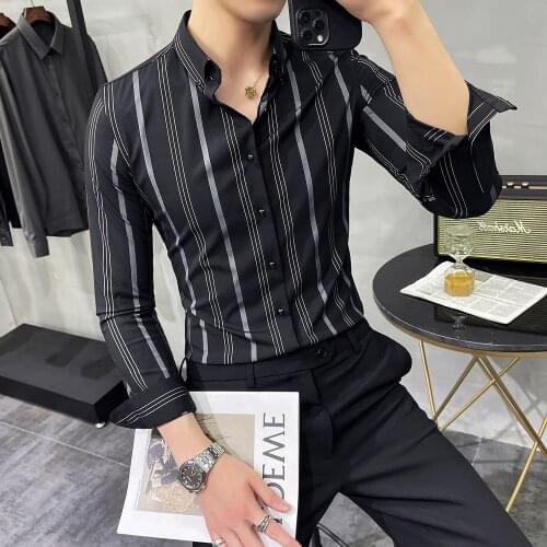 2021 New Striped Shirt Men Long Sleeve Casual Shirt Slim Fit Formal Business Dress Shirts Streetwear Social Party Camisas Homme