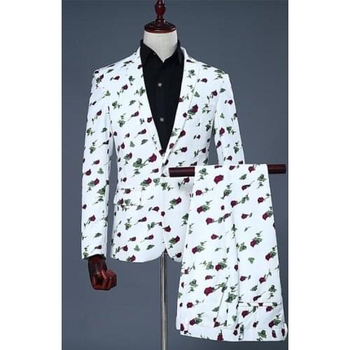 Men suits designs printed small roses stage costumes for singers men sequin blazer dance clothes jacket star style dress white