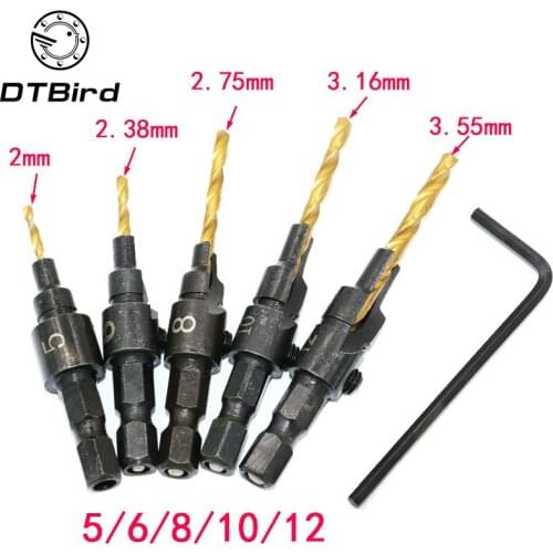 5pcs Countersink Drill Woodworking Drill Bit Set Hex Shank Countersink Drilling Pilot Holes For Screw Sizes #5 #6 #8 #10 #12