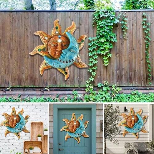 Pvc Golden-sun And Blue Moon Face Wall Art 3d Decoration Indoor Outdoor Plaque Garden Decoration Ornaments