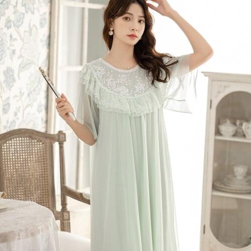 Elegant Women Mesh Night Dress Fairy Sweet Lace Nightie Summer Princess Sleepwear Peignoirs Ladies Loungewear Vintage Nightgowns