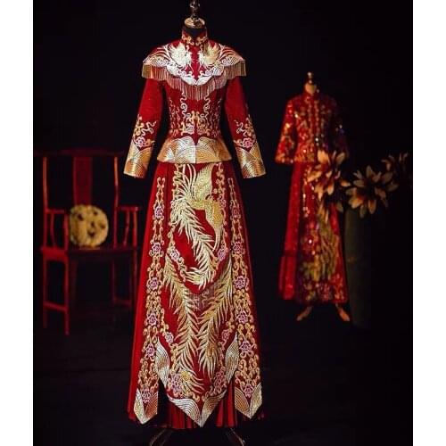 New Red Dragon And Phoenix Embroidery Gown Chinese Bride Show Clothing Ancient Wedding Dress