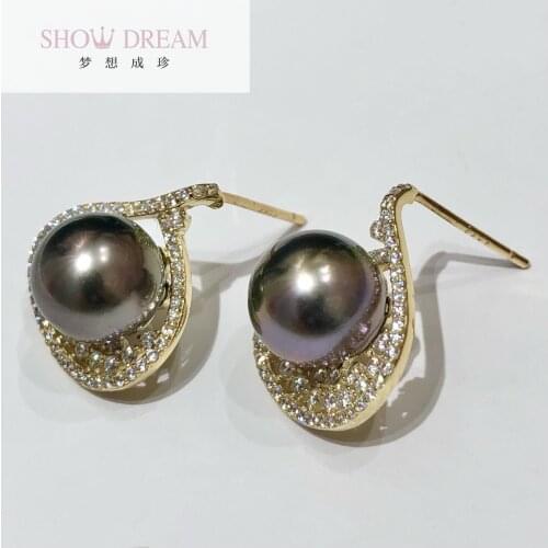 SHOWDREAM S925 Sterling Silver Zircon Tahiti Black Pearl Natural Seawater Pearl Earring jewelry suit women new fashion