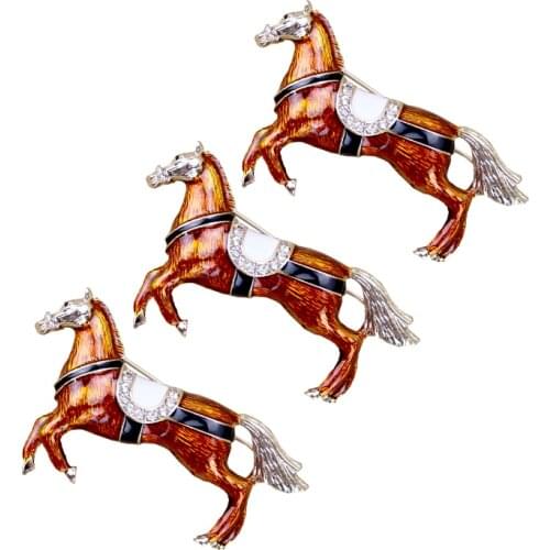 Vintage Unisex Vivid Rhinestone Inlaid Enamel Metal Running Horses Brooches Lapel Pins Suit Dress Coat Jewelry Accessory Gifts