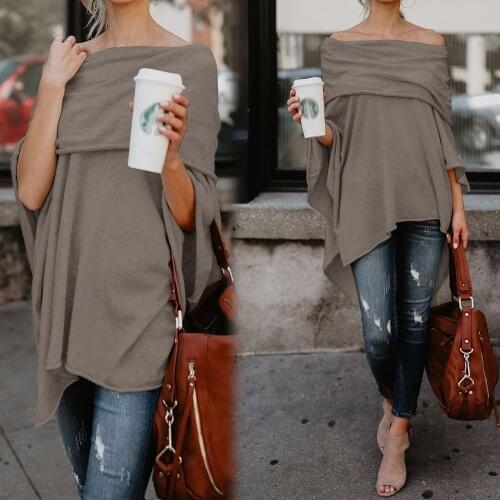 Female T-shirt For womens clothing Crop Top Off Shoulder Ruffle Batwing Jumper Irregular Hem Smocked Poncho Cape Costumes