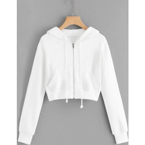 Hoodies Women Cropped Sweatshirt Solid Zip Up Coat Streetwear Girls Autumn Spring Cover Casual Long Sleeve Zipper Pocket Shirt