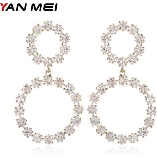 YANMEI Crystal Double Circle Dangle Earrings For Women Hollow Out Flower Earring Elegant Round Brincos Wedding Gifts YME9150