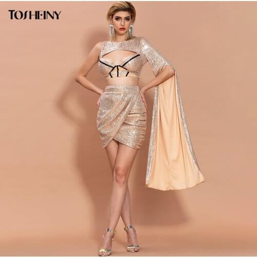 Tosheiny Women Sexy Sequins 2 Pcs Sets Elegant Hollow Out Crop Tops + Bodycon Irregular Mini Skirt FT20275
