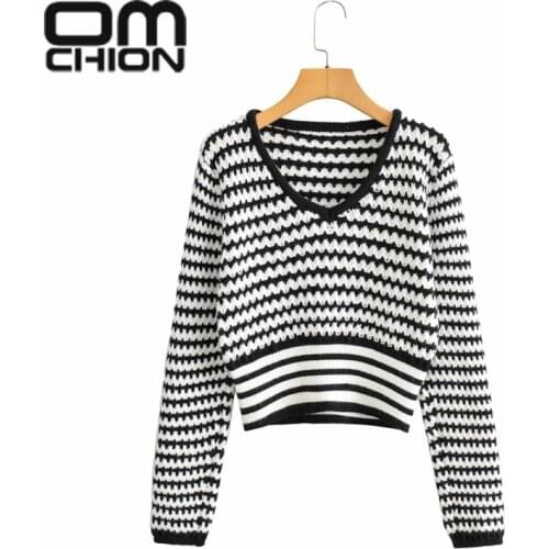 OMCHION Early Autumn New V-neck Lantern Sleeve Sweater Women Casual Loose Short Striped Pullover Korean Chic Jumper