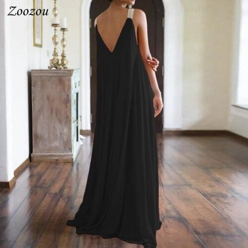 Women Summer Plus Size Loose Dresses Casual Sleeveless Vintage Bohemian Backless Dress Solid Color Maxi Spaghetti Strap Dress